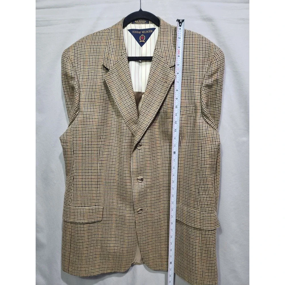 Vtg Tommy Hilfiger Brown Wool Blazer Jacket 43L‎ 3-Button USA 90s Houndstooth